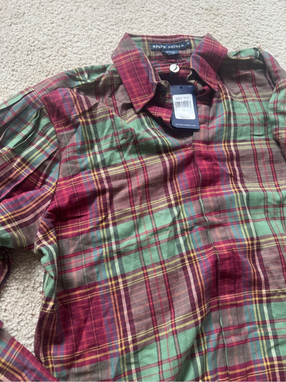New RALPH LAUREN Size 14 Red & Green Plaid Cotton Blouse Puff Sleeves - Picture 5 of 8